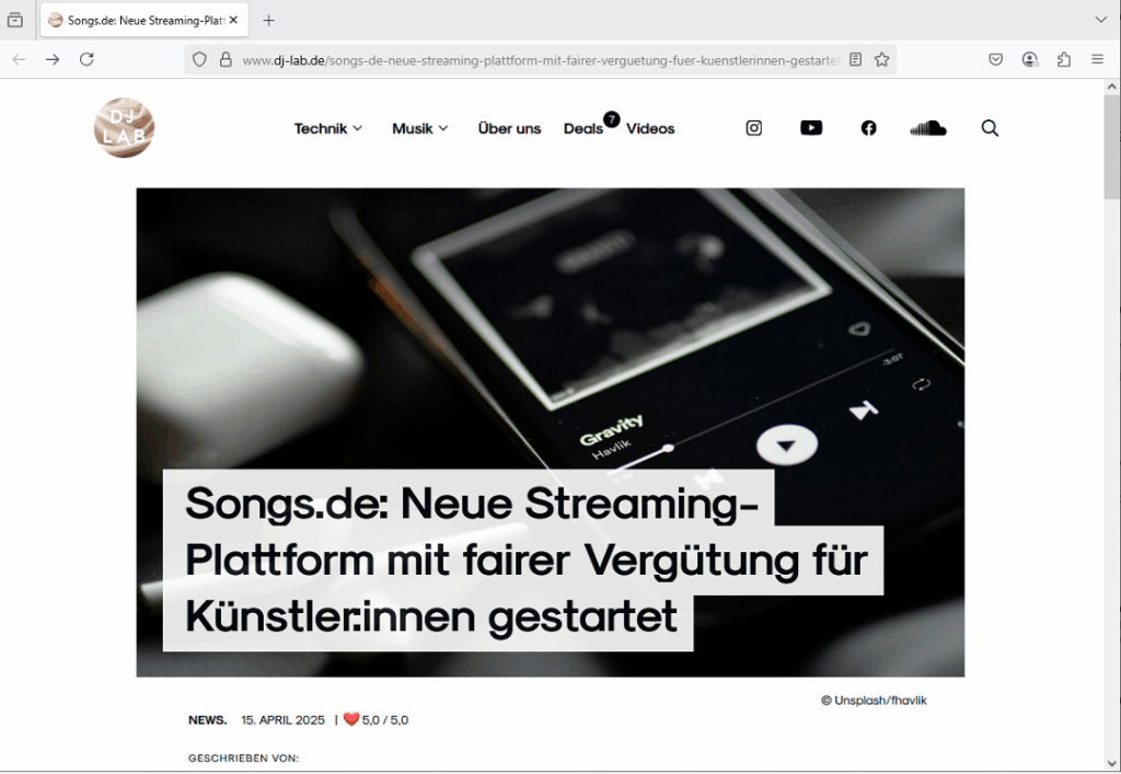 Artikel bei DJ LAB über songs.de: Neue Streaming-Plattform mit fairer Vergütung für Künstler:innen gestartet, 15. April 2025