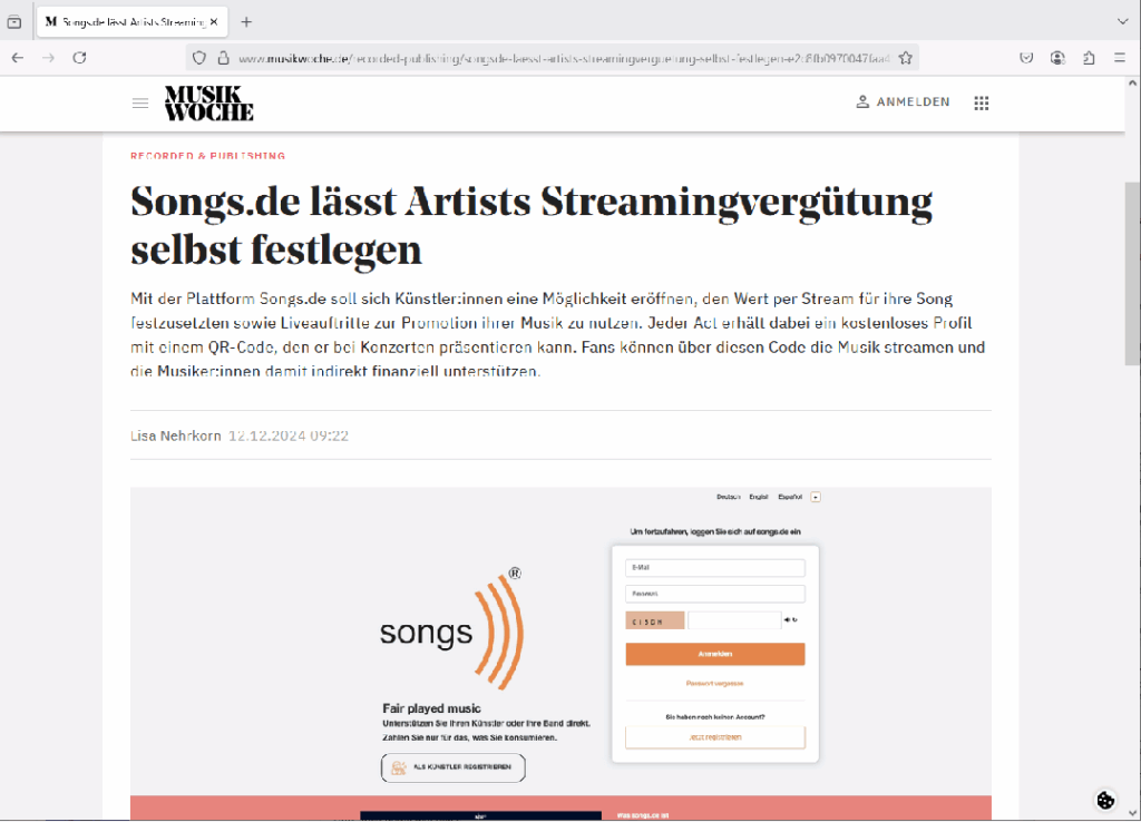 Screenshot des MusikWoche-Artikels vom 12.12.2024 über songs.de: Künstler bestimmen ihre Streamingvergütung selbst