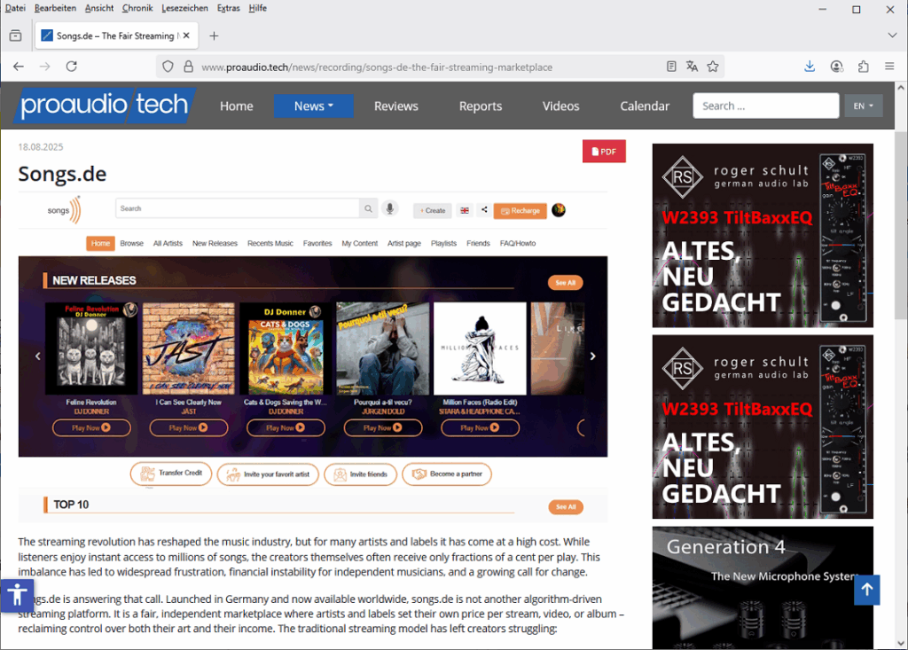 Screenshot of the ProAudio.Tech article featuring songs.de as a fair streaming marketplace for artists and labels.